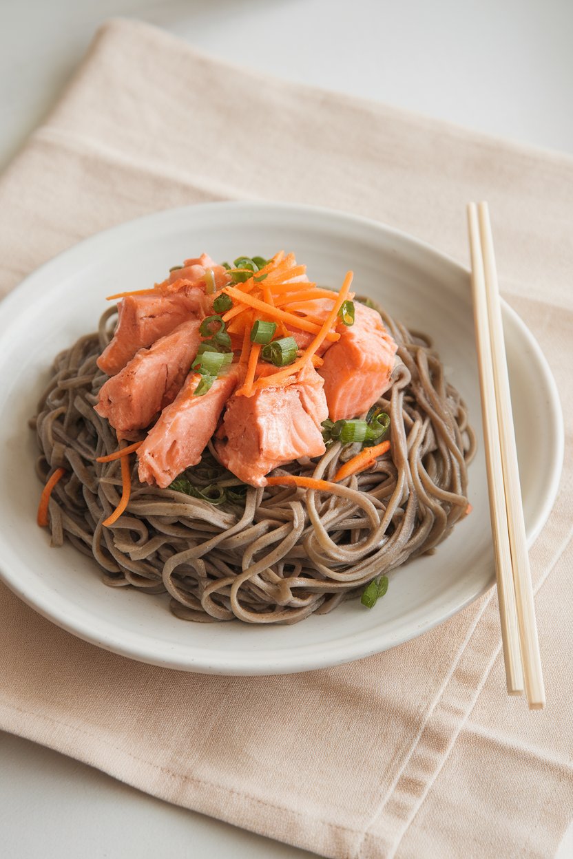 Indoor photo of flaked miso-glazed salmon atop chilled soba noodles with shredded carrots and scallions, no text.