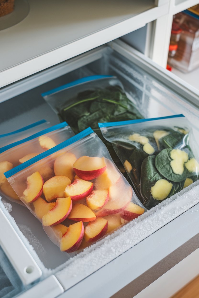 Indoor freezer drawer holding zip bags of frozen peach chunks, spinach, and ginger pieces, no labels visible.