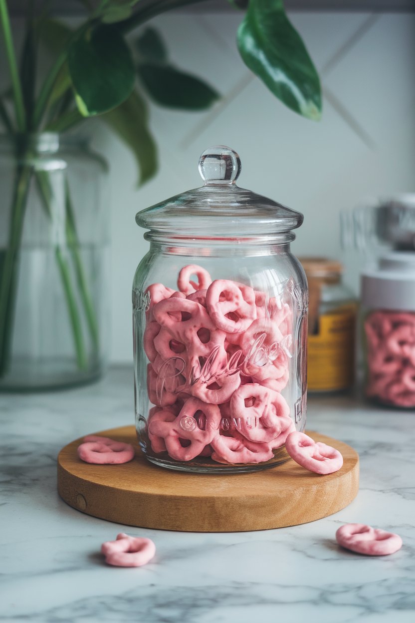 A glass jar filled with pink yogurt-coated mini pretzels, placed on an indoor countertop with soft lighting. No logos visible.