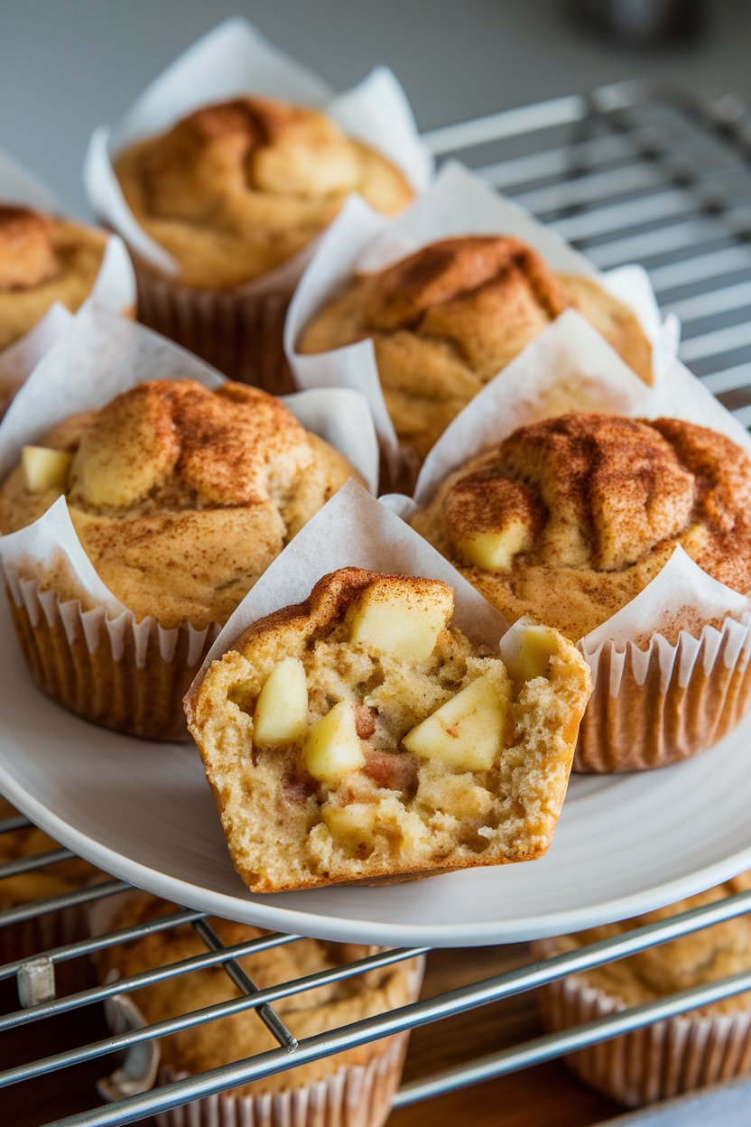 An indoor baker’s rack showcasing paper-lined muffins with visible apple chunks and a cinnamon sprinkle, one muffin broken open. No text or logos. Photo, not illustration.