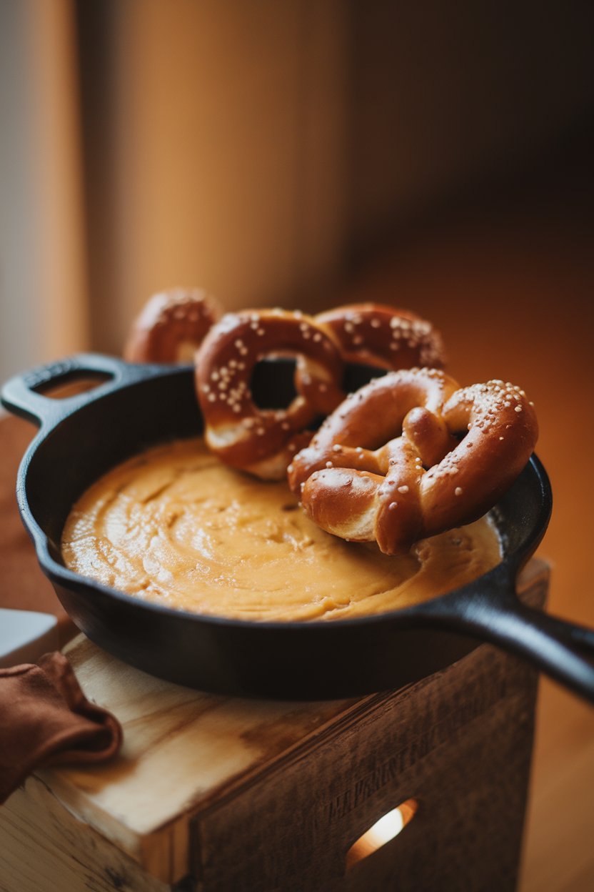 Indoor photo of a small cast-iron skillet filled with melted porter cheese dip, soft pretzels nearby, no text or logos