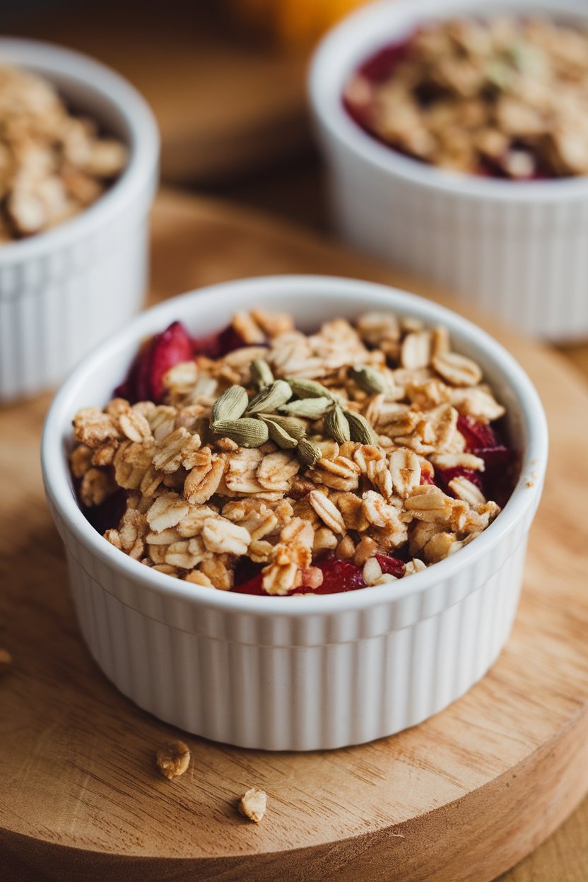 Photo of an individual ramekin of plum crumble with oat topping, cardamom seeds dotted on top, indoor lighting. No text or logos.