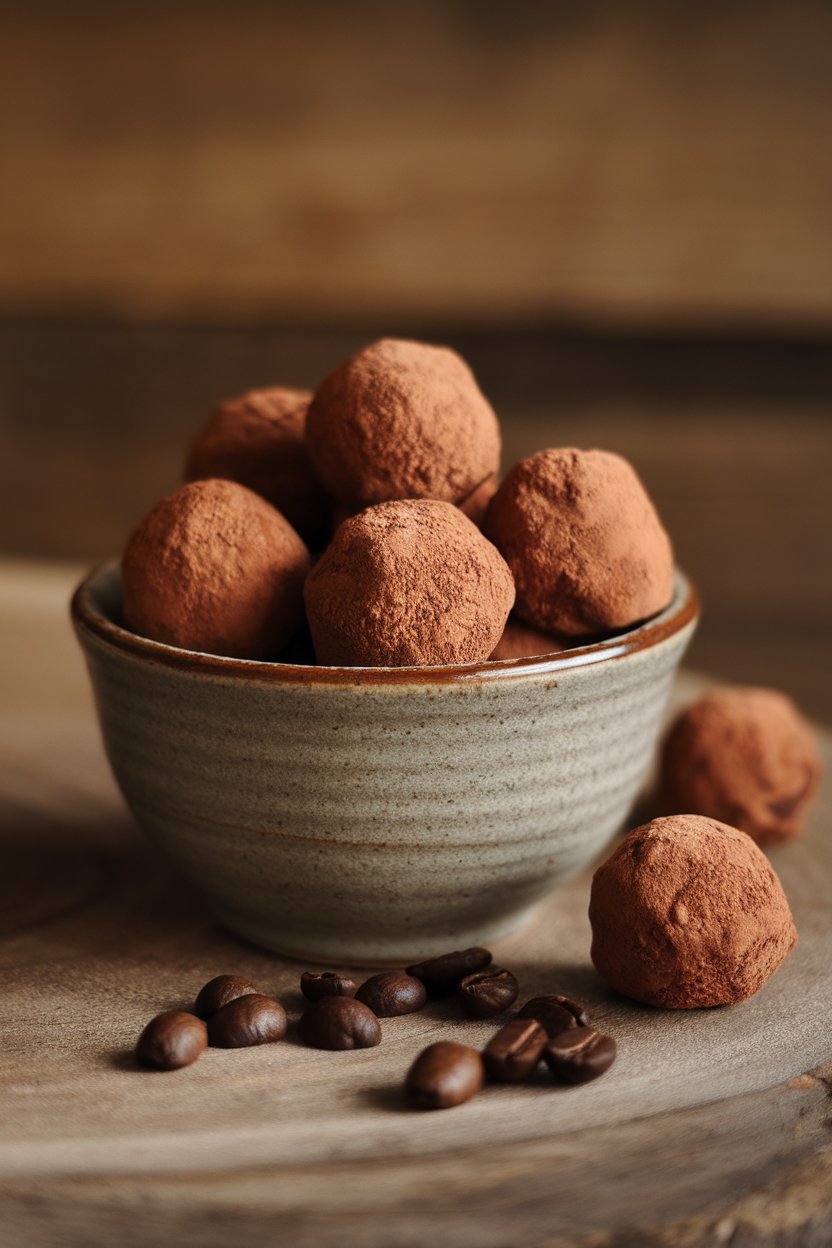 Indoor ceramic bowl of cocoa-dusted chocolate truffles, a few coffee beans scattered nearby. No text or logos; photo, not illustration.