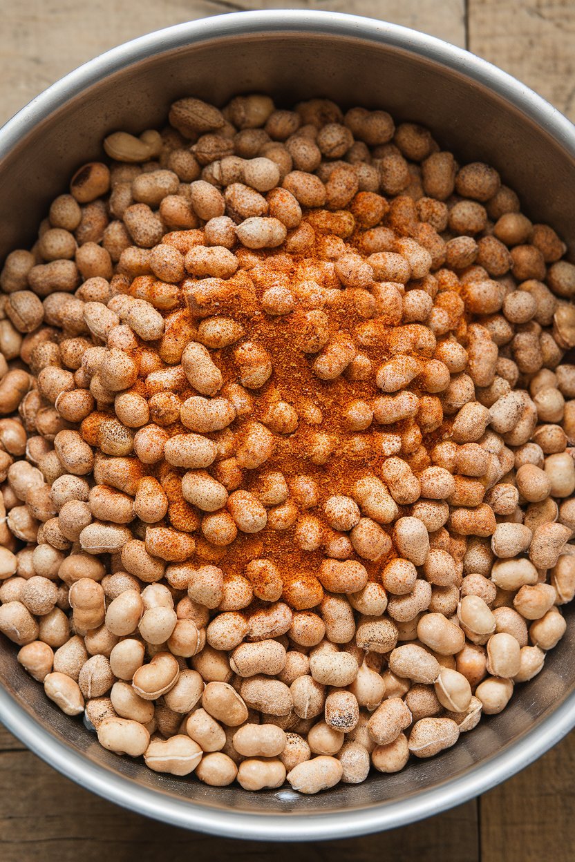 Indoor photo of a bowl of Cajun-seasoned boiled peanuts with visible spices on the shells; no text or logos