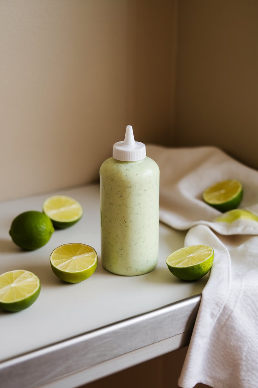 An indoor prep table with a squeeze bottle of pale green cilantro-lime crema, lime halves nearby. No logos or text, photo only.