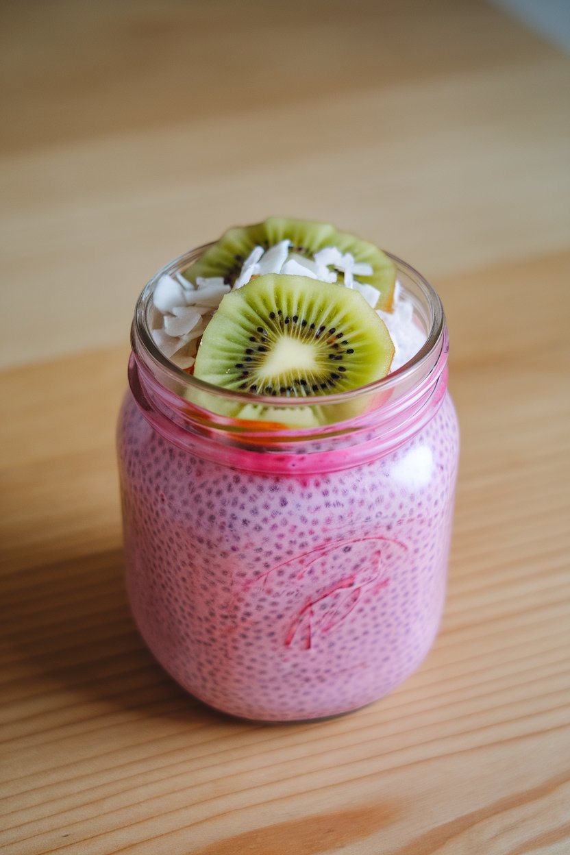 Indoor photo of bright pink chia pudding in a mason jar topped with kiwi slices and coconut chips, no text or logos