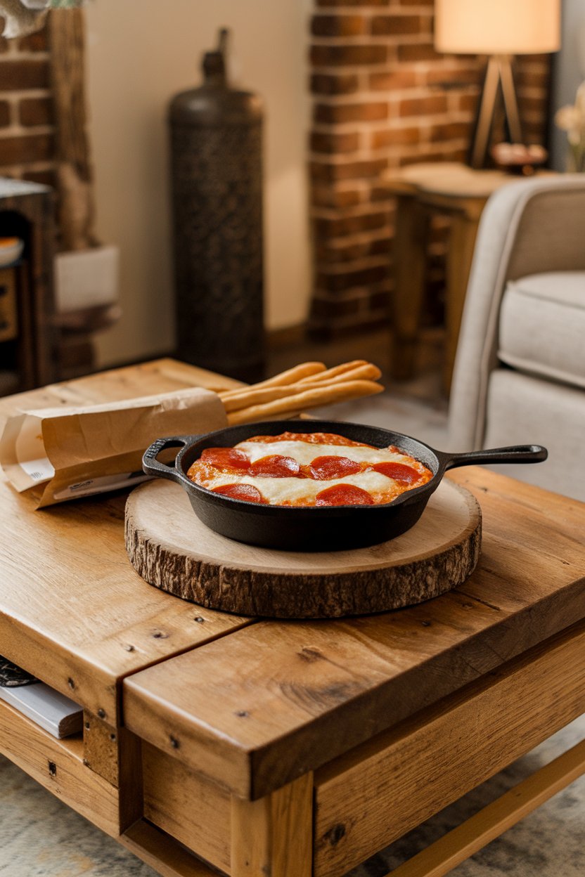 An indoor coffee table with a small cast-iron skillet filled with gooey layers of cheese, marinara, and pepperoni rounds, breadsticks nearby. No text or logos.