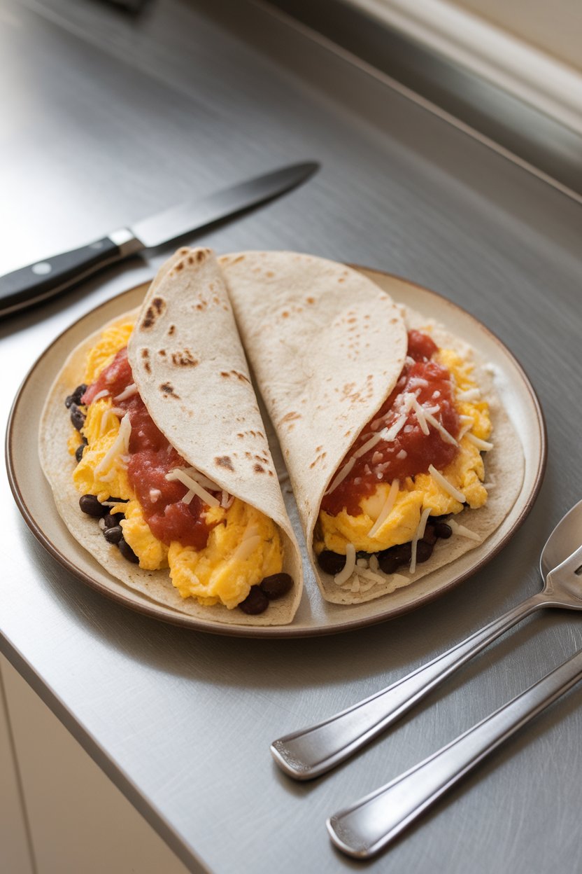 Indoor kitchen counter with a whole-wheat tortilla wrapped around scrambled eggs, black beans, salsa, and shredded cheese, cut in half. No text or logos visible.