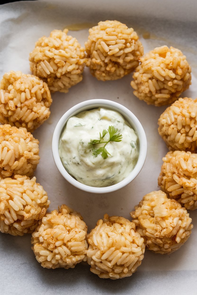 Indoor photo of crispy, golden rice balls arranged on parchment with a small bowl of remoulade in the center; no text or logos