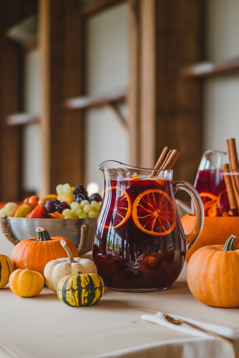 An indoor fall-themed table with pitcher of deep-red sangria, orange wheels, cinnamon sticks floating; photo, not illustration; no text or logos.