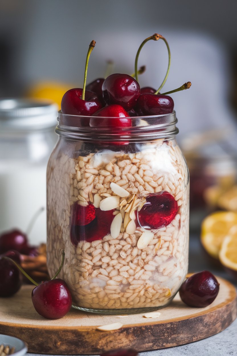 Indoor photo of a jar of soaked farro with almond milk, topped with cherries and slivered almonds, no text or logos
