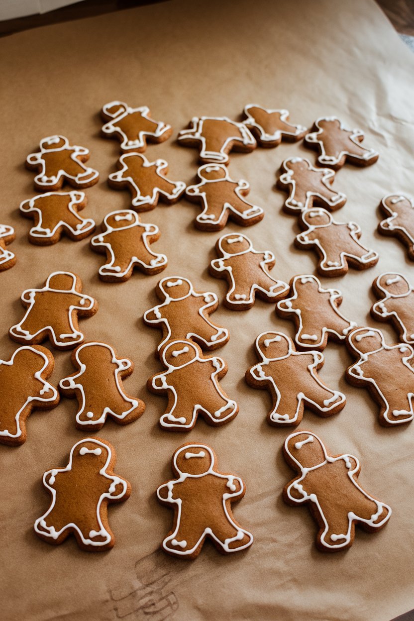 Indoor image of gingerbread cookies shaped like small football players, iced with simple outlines, arranged in a huddle. No text or logos.