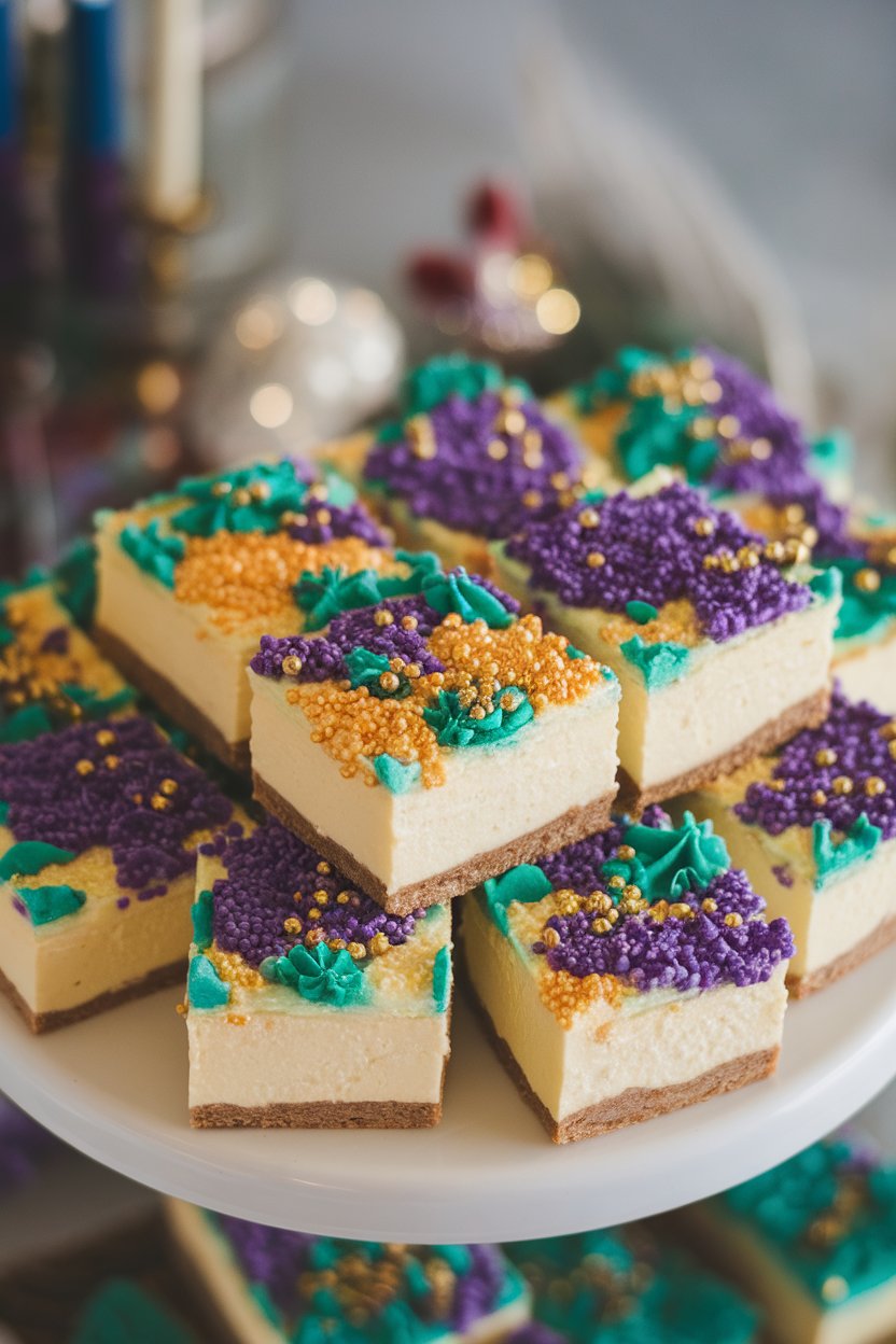 Indoor photo of square cheesecake bars topped with purple, green, and gold sanding sugar, arranged on a white platter; no text or logos