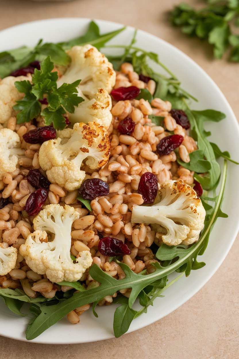 Indoor photo of a platter filled with roasted cauliflower florets tossed with cooked farro, dried cranberries, and arugula. No text or logos.