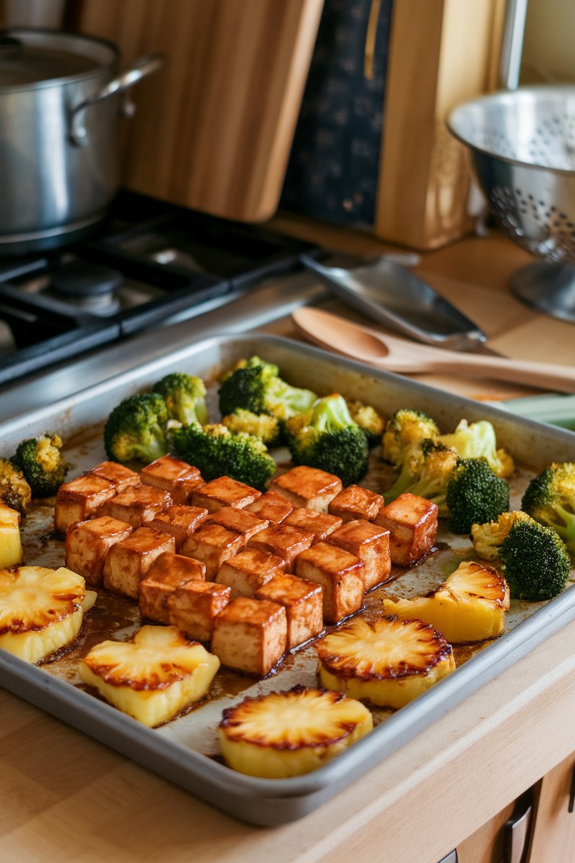 A warmly lit indoor kitchen scene showing a sheet pan with cubed, baked tofu glazed in teriyaki sauce, bright broccoli florets, and pineapple chunks caramelized at the edges. No text or logos.
