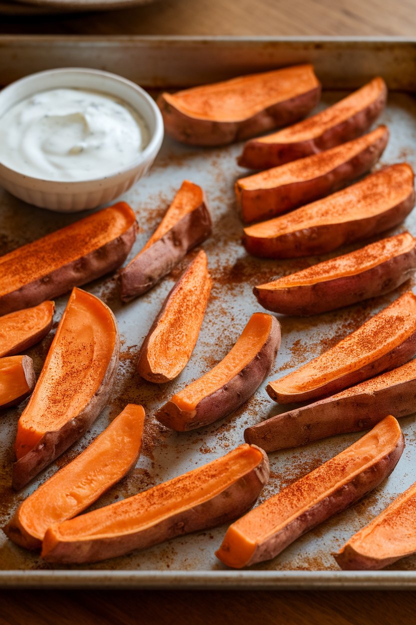 Indoor photo of a baking sheet lined with roasted sweet potato wedges dusted with smoked paprika, served with yogurt dip. No logos or text.