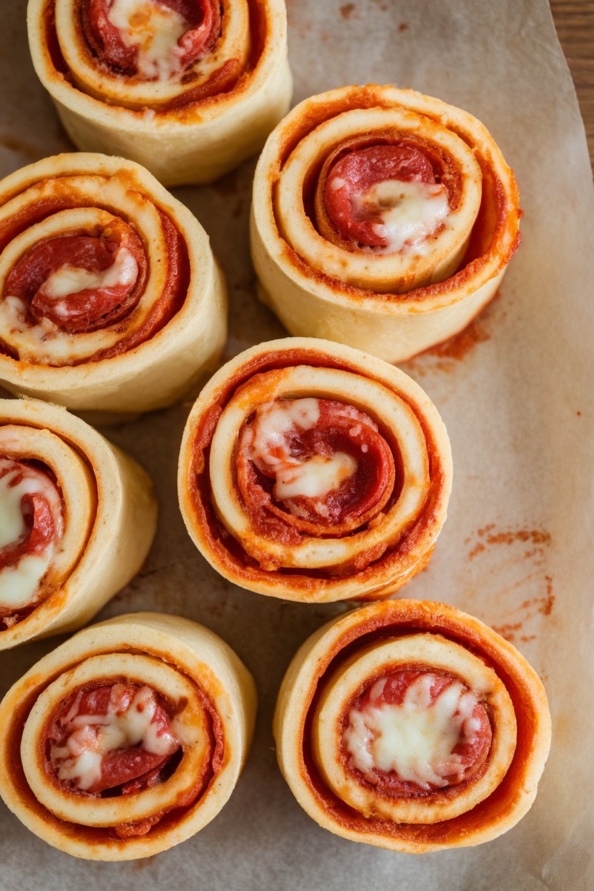 Indoor photo of spiraled pizza rolls showing melted cheese and pepperoni inside, arranged on parchment paper. No text or logos.