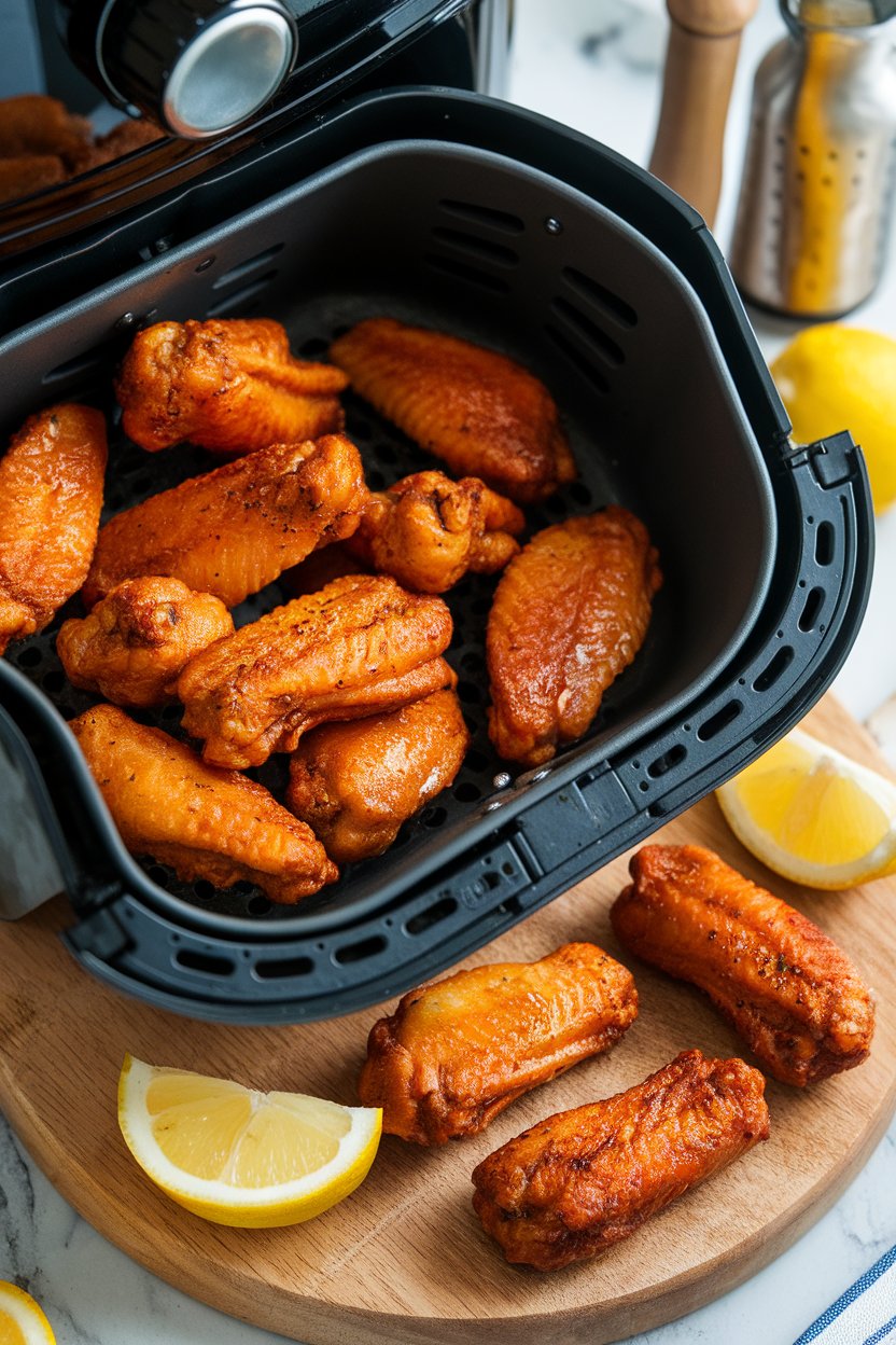 An indoor kitchen scene showing an air-fryer basket of golden lemon-pepper wings tipped onto a wooden board, lemon wedges nearby. No identifiable branding or text.