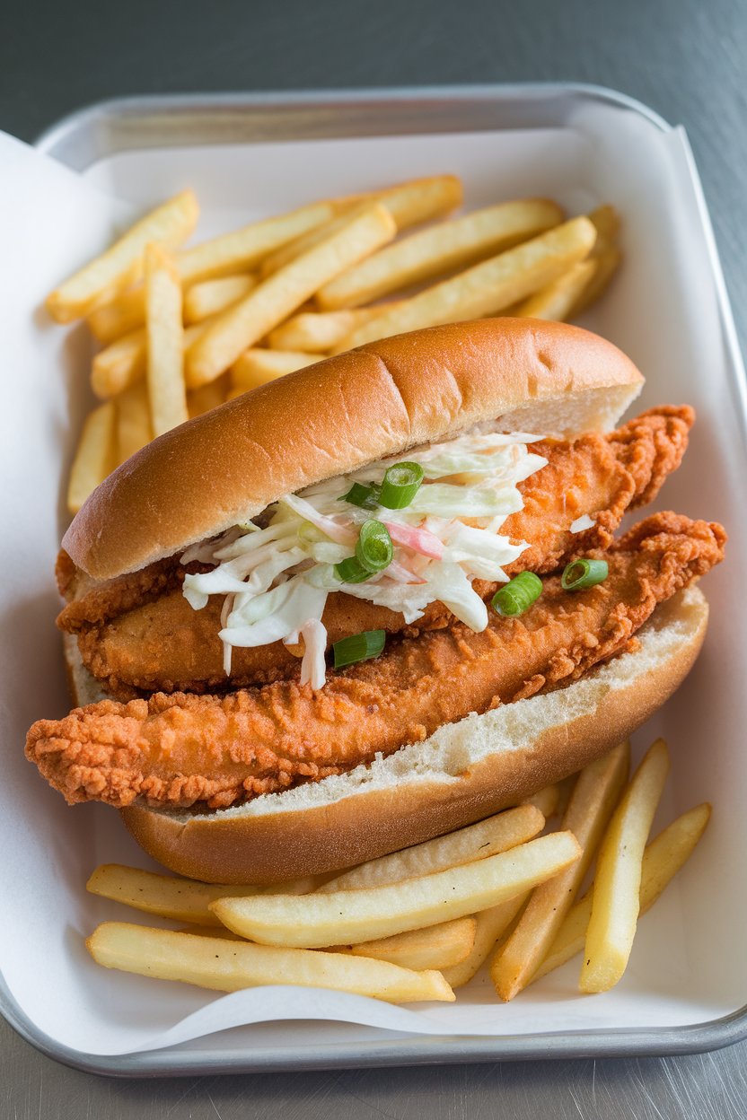 An indoor lunch tray holding a po-boy stuffed with fried catfish fillets topped with slaw; fish fully cooked, flaky interior visible. No text or logos. Photo.