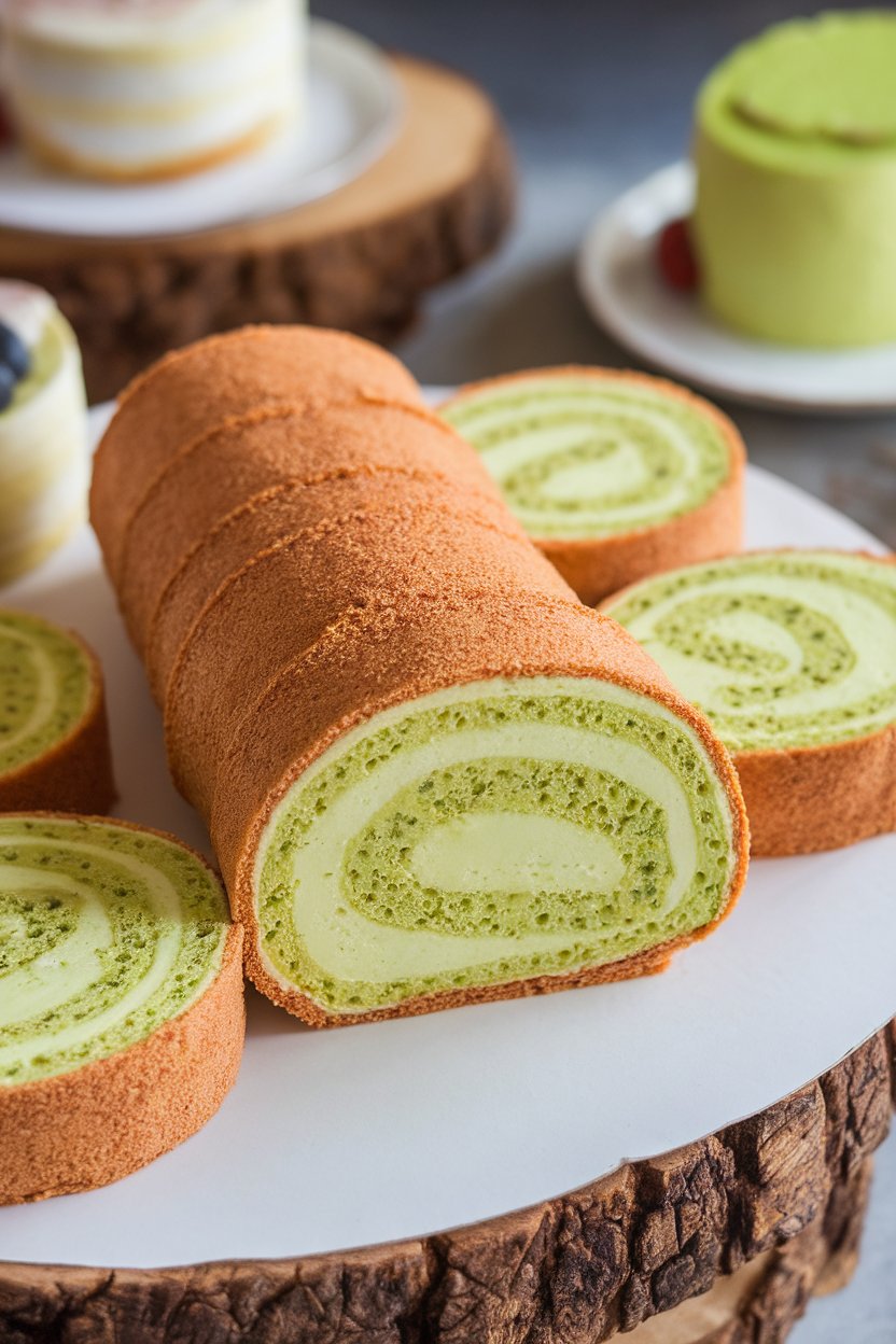 An indoor dessert platter holding a sliced roulade cake rolled with green kiwi lime cheesecake filling, no text or logos. Photo only.