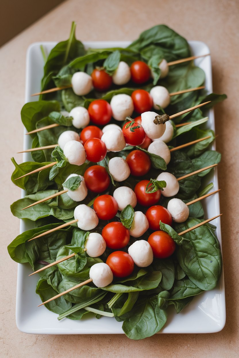 Indoor photo of bamboo skewers threaded with cherry tomatoes, mini mozzarella balls, and basil leaves on a white rectangular plate. No text or logos.