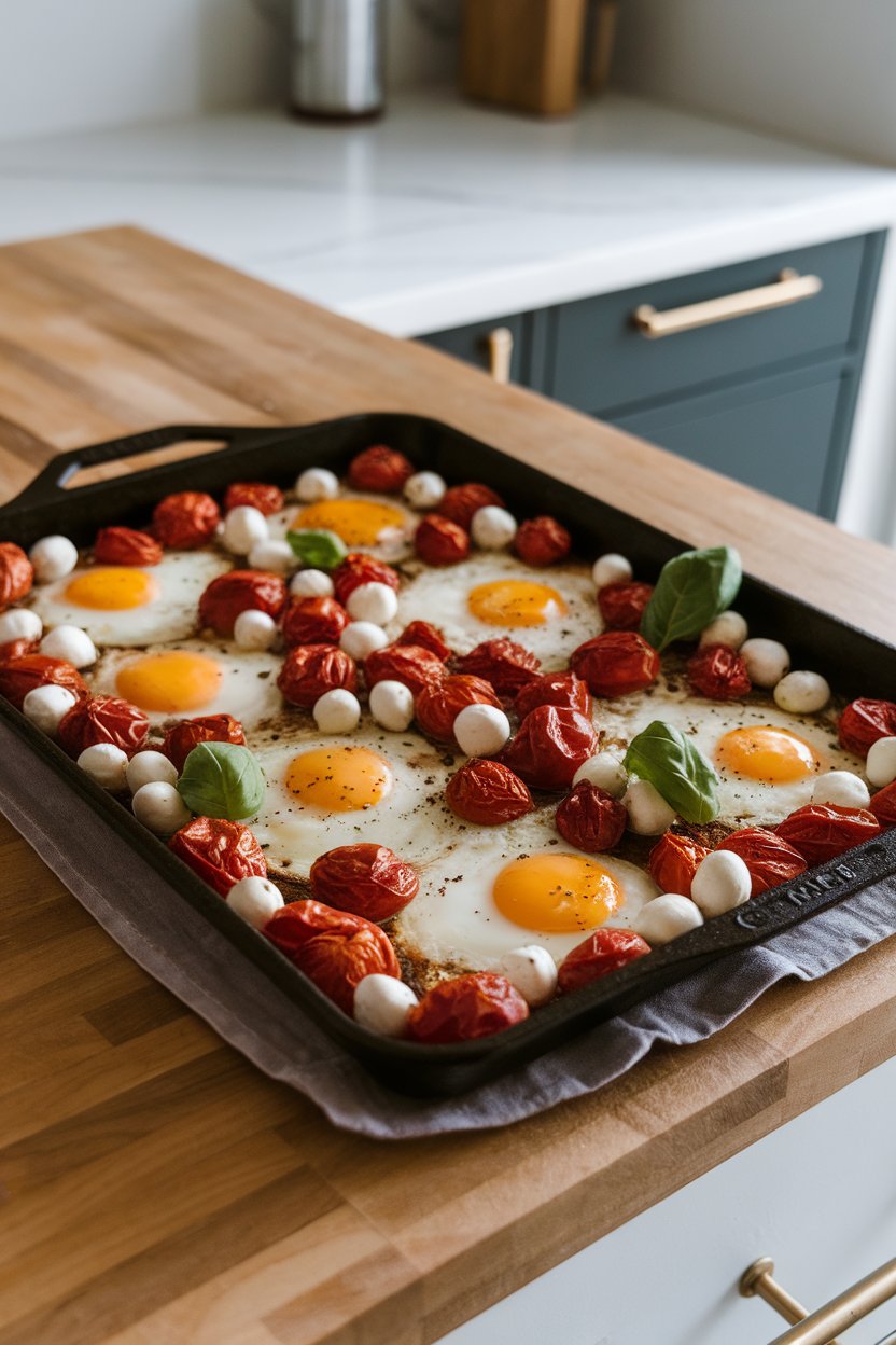 A sheet pan resting on a wooden kitchen island, featuring baked eggs surrounded by roasted grape tomatoes, fresh mozzarella pearls, and basil leaves, indoors under soft light. No text or logos.