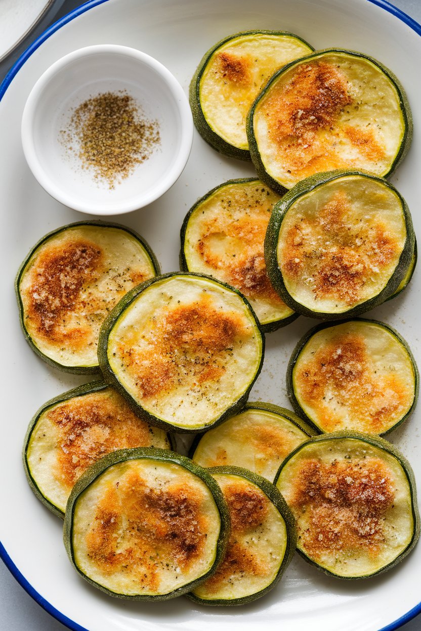 An indoor snack tray with baked zucchini rounds dusted in garlic Parmesan seasoning; no text or logos. Photo only.