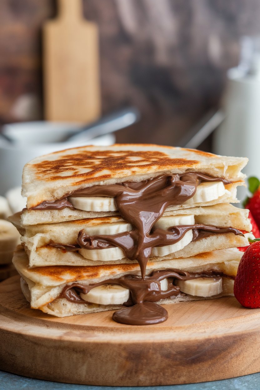 Indoor photo of Nutella-banana quesadilla wedges, hazelnut spread oozing, no text or logos.