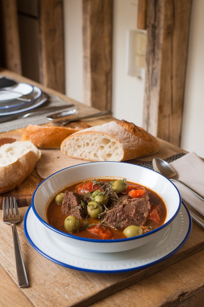 Indoor farmhouse table with a bowl of beef stew dotted with green olives, tomatoes, and herbs de Provence; crusty baguette slice on the side. No text or logos. Photo.
