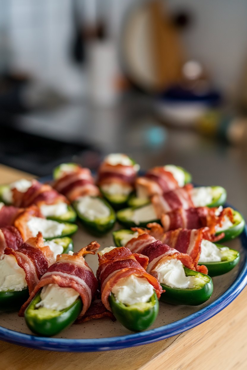 Indoor photo of halved jalapeños stuffed with creamy cheese and wrapped in crispy bacon on a ceramic plate. No text or logos.