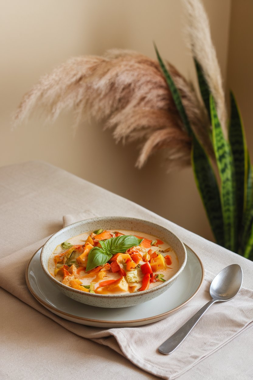 An indoor dining table with a shallow bowl of vibrant vegetable curry in light coconut milk, garnished with basil leaves. No logos or text.