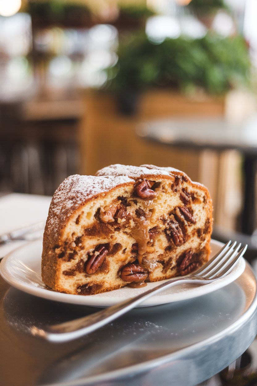An indoor cafe tabletop displaying a king cake slice overflowing with gooey pecan praline filling; a fork rests nearby. No text or logos. Photo, not illustration.