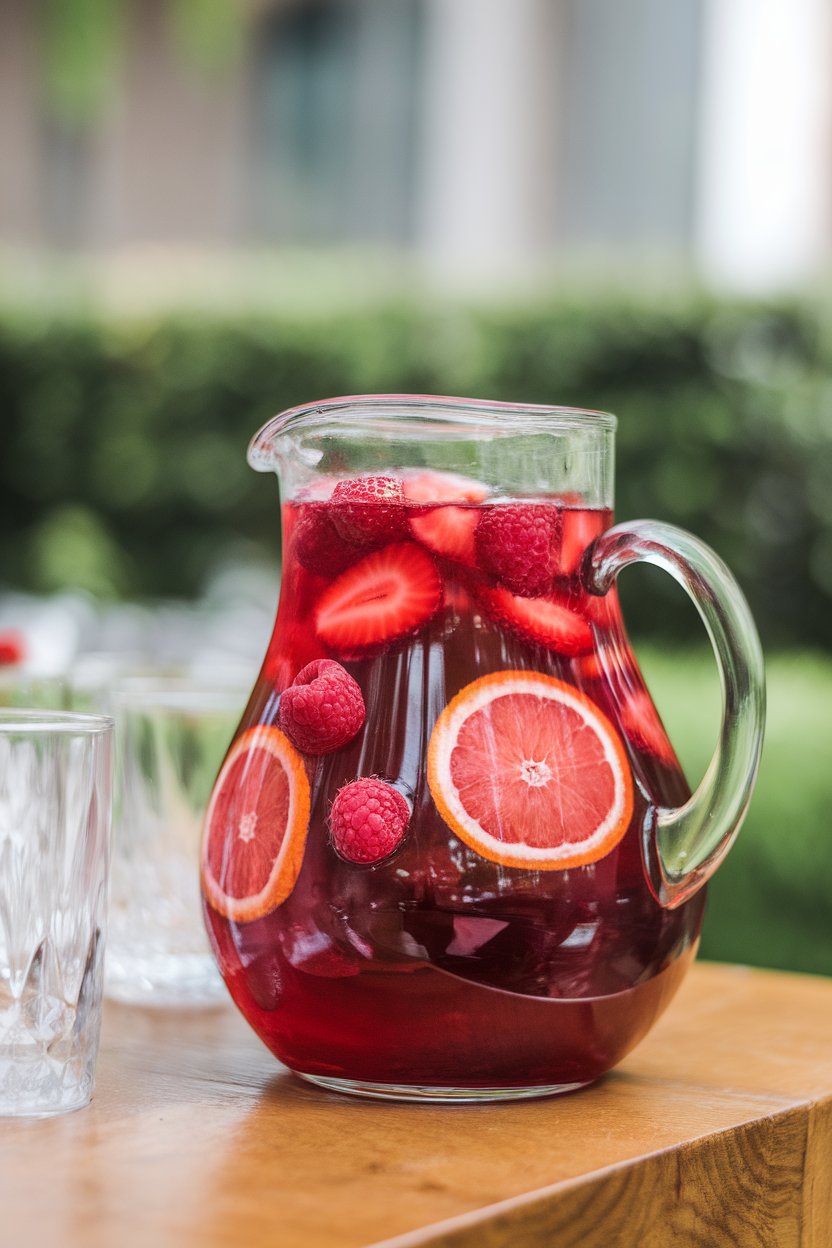 An indoor pitcher on a wooden table, filled with pink sangria, floating strawberries, raspberries, and orange slices; photo, not illustration; no text or logos.
