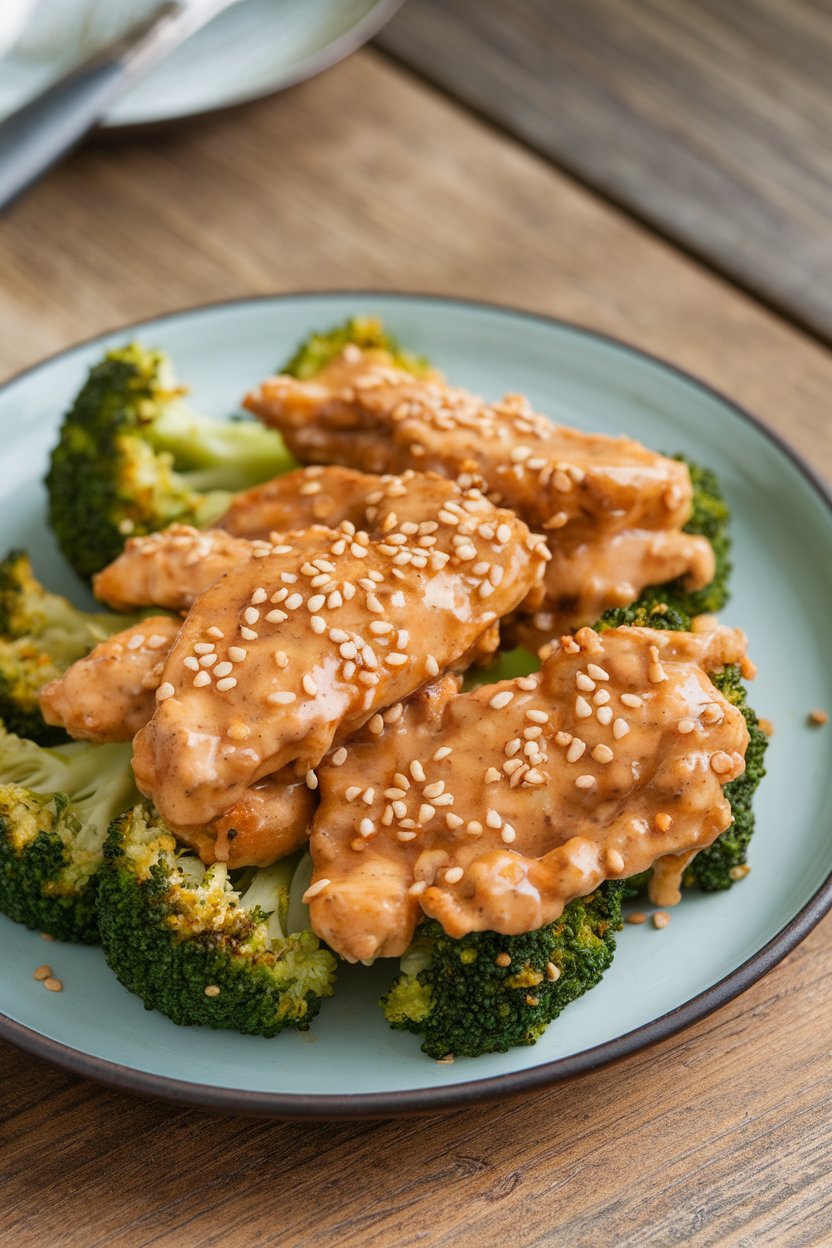 Indoor plate featuring chicken strips and broccoli florets glazed in a light sesame garlic sauce, sesame seeds sprinkled; no text or logos; photograph.</Prompt