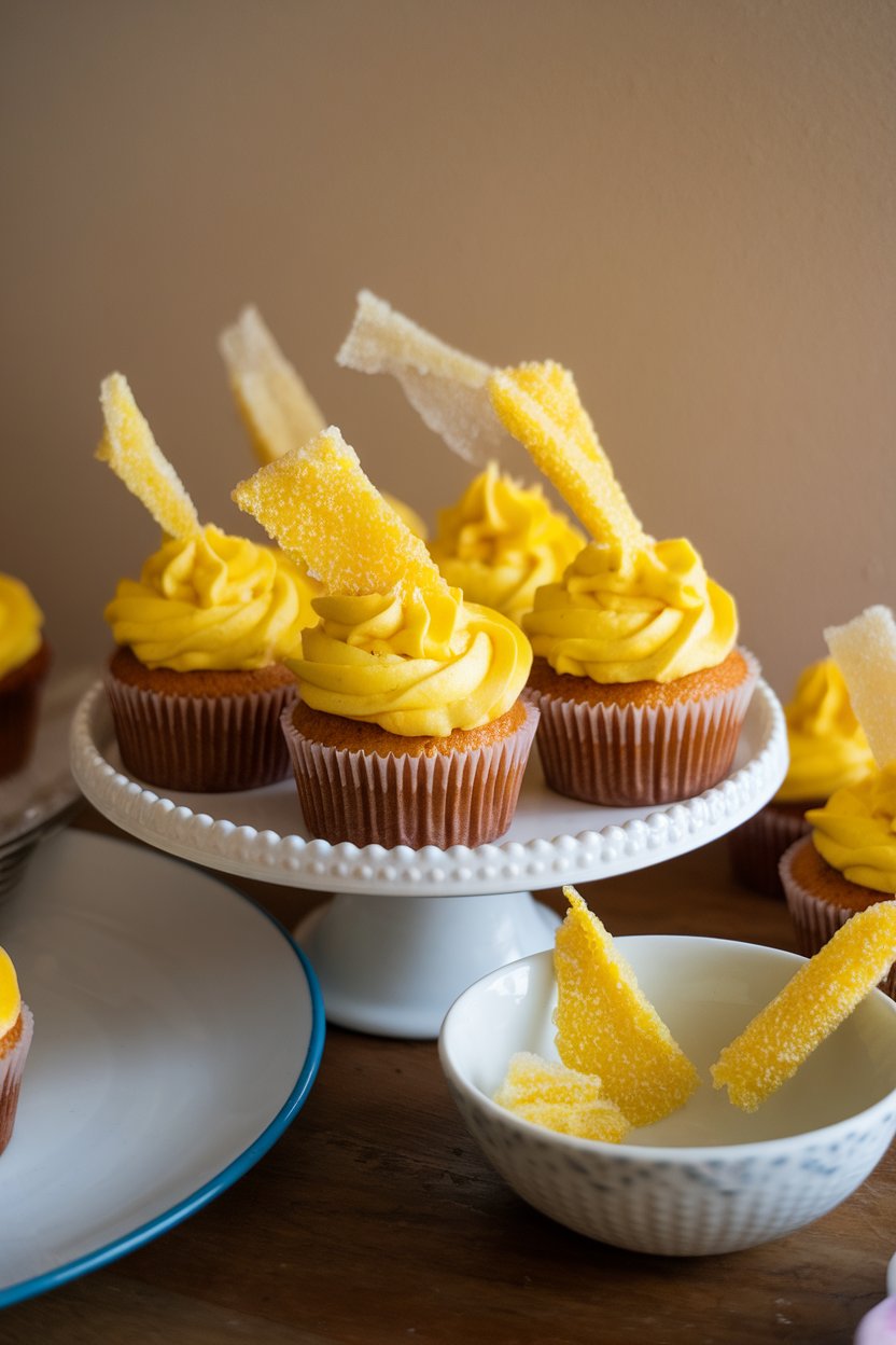 Indoor photo of bright yellow cupcakes with honeycomb candy shard, no text or logos