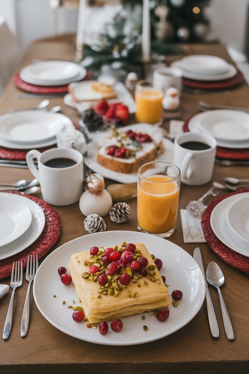 Pancake square with bright cranberries and green pistachios embedded, indoor holiday brunch table, no text or logos.