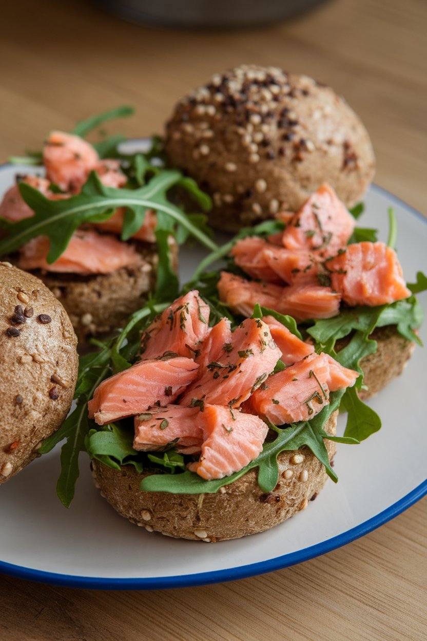 Indoor photo of mini whole-grain buns holding flaked cooked salmon seasoned with herbs, arugula leaves peeking out. No text or logos in frame.