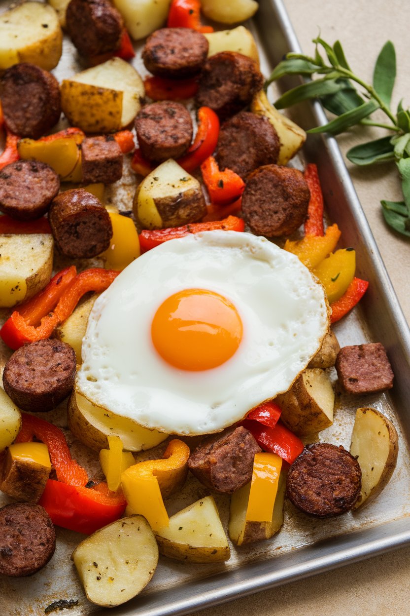 A sheet pan showing crispy diced potatoes, bell peppers, and breakfast sausage, with sunny-side-up eggs nestled between; photographed indoors. No logos or text.