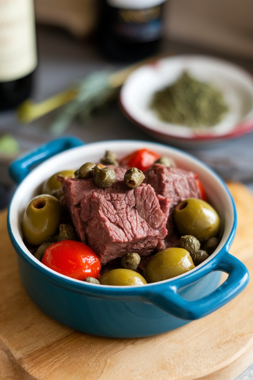Indoor small casserole dish of beef nestled with green olives, capers, and tomatoes. No text or logos.