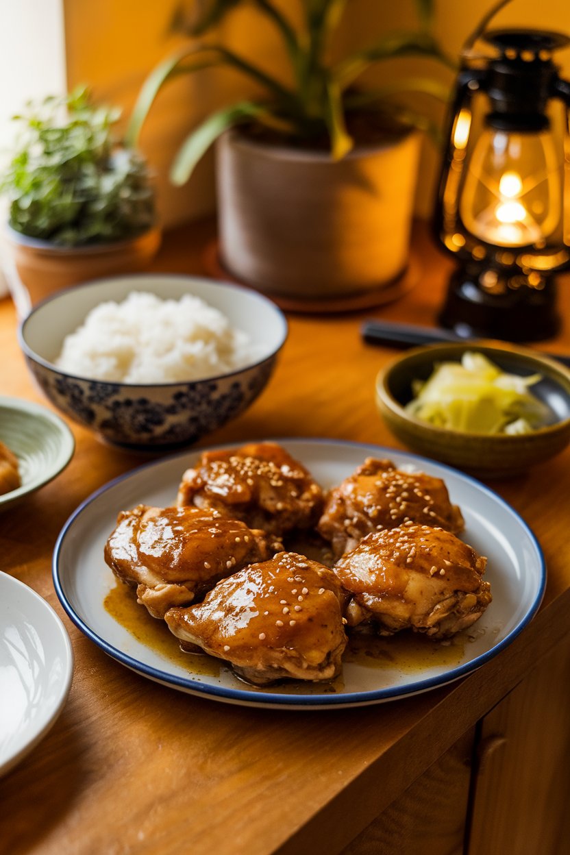 A warmly lit indoor dining table showcasing glazed chicken thighs with a honey-garlic sheen, sprinkled with sesame seeds. No text or logos in view. Photo.