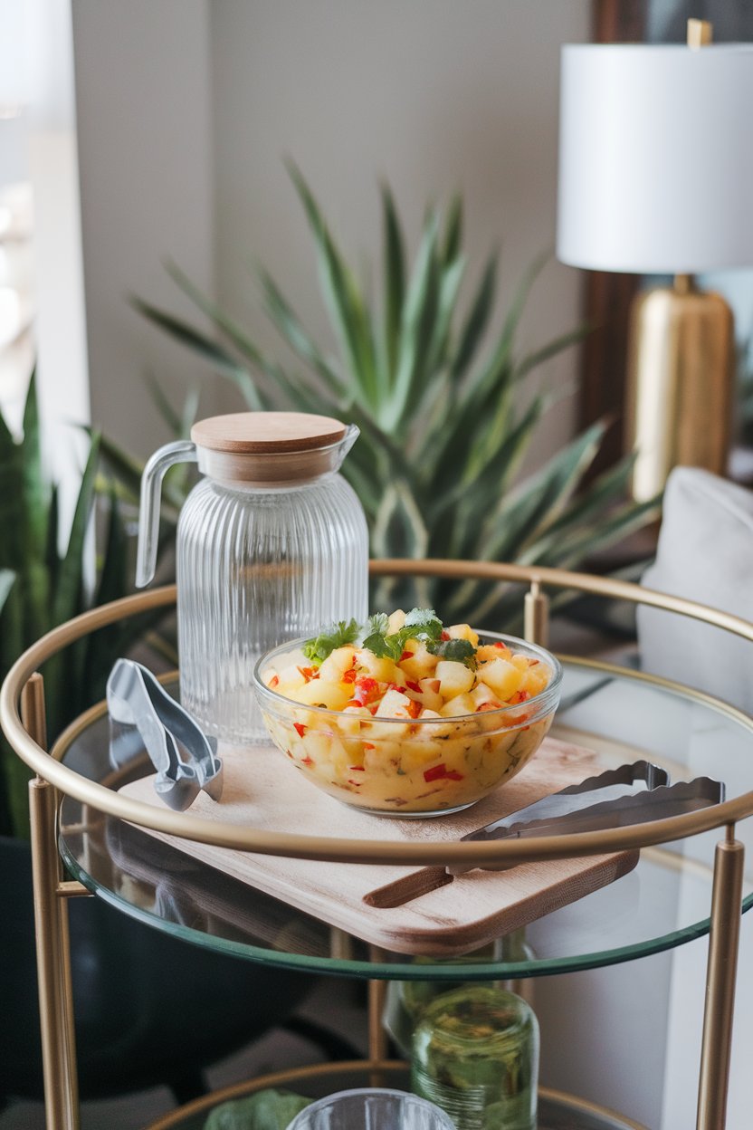 Indoor bar cart with a bowl of chunked pineapple salsa flecked with red pepper and cilantro. No logos or text in view.