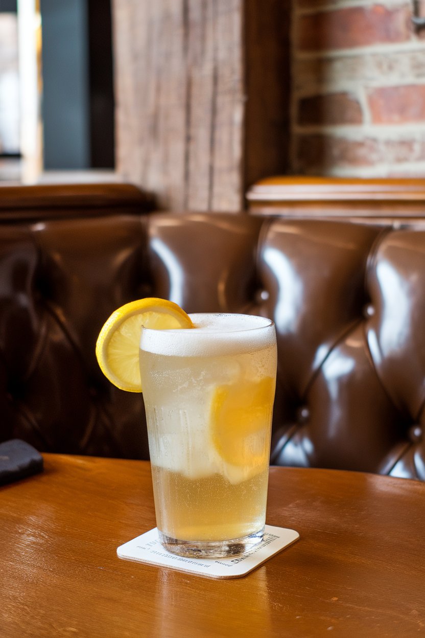 Indoor pub table featuring a pint glass half filled with cloudy lemonade topped with foamy ginger beer. No text or logos.