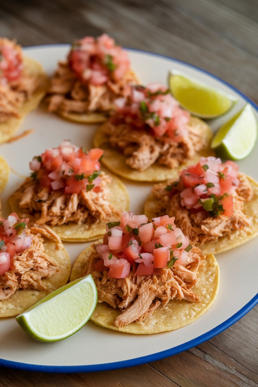 Photo of small corn tortillas filled with shredded chicken and pico de gallo on an indoor platter, lime wedges alongside, no text or logos