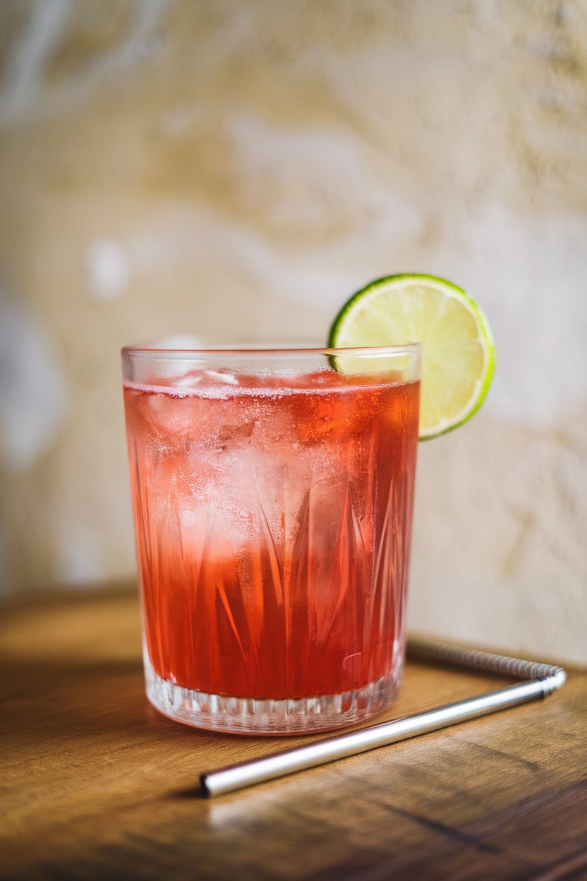 Indoor bar setup with a Collins glass of fizzy cherry-red drink, lime wheel, metal straw, no text or logos.