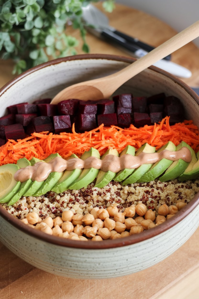 A large ceramic bowl indoors featuring layered rows of roasted beet cubes, shredded carrots, quinoa, avocado slices, and chickpeas, with a drizzle of creamy tahini on top. No text or logos. Photo only.