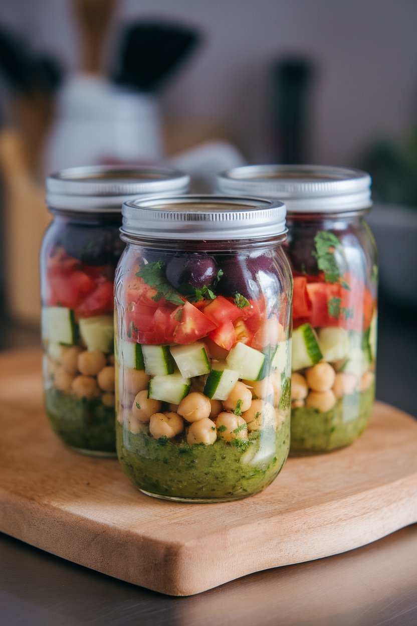 Indoor photo of mason jars layered with chickpeas, diced cucumber, tomatoes, olives, and parsley vinaigrette on a countertop. No text or logos.