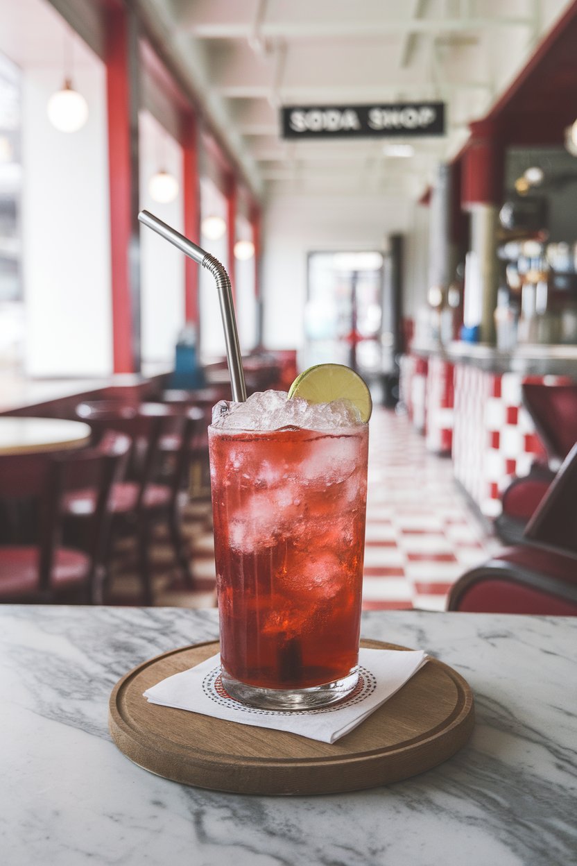 An indoor soda-shop vibe with tall glass of fizzy cherry-red drink, crushed ice, lime wheel, metal straw; photo, not illustration; no text or logos.