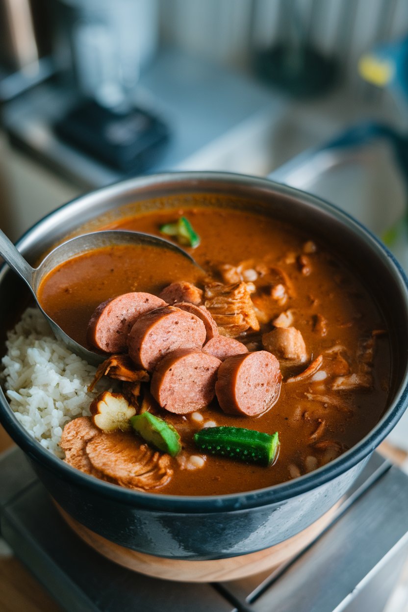 Indoor photo featuring a dark roux-colored soup with sliced sausage, chicken pieces, and okra, served over rice; no logos or text.