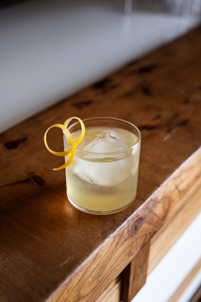 An indoor Japanese-style wooden counter featuring a rocks glass of pale yellow yuzu tonic with large clear ice cube and yuzu zest curl. No text or logos. Photo.