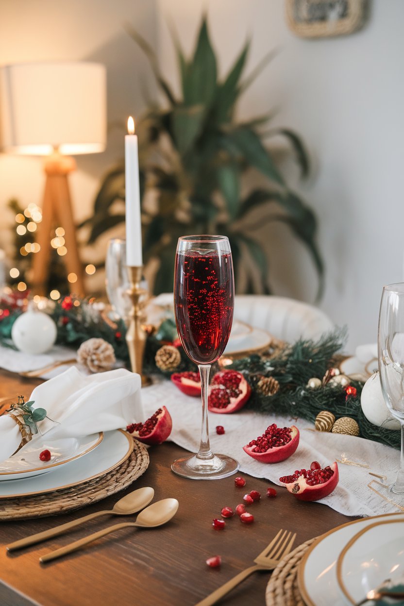 Indoor holiday table featuring a flute of deep red bubbles, scattered pomegranate arils nearby. No text or logos.